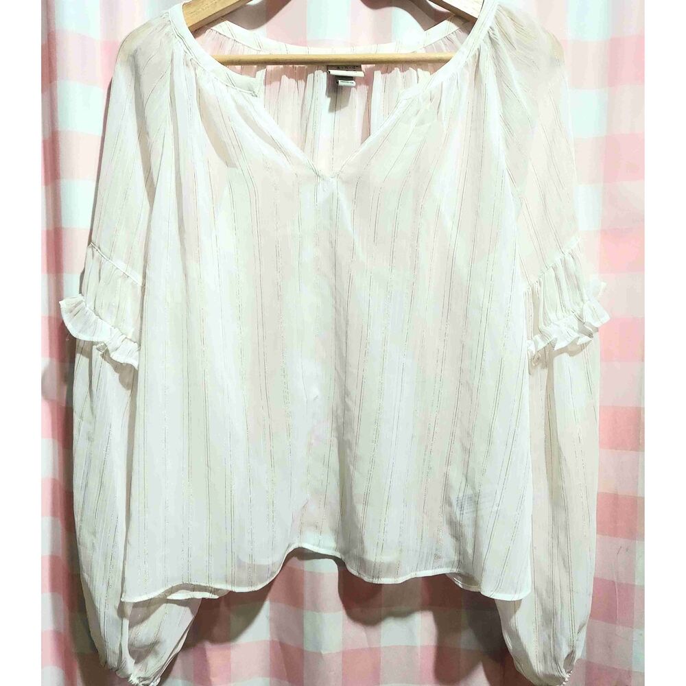 A New Day White Long Sleeve Ruffled Semi-Sheer Blouse Medium